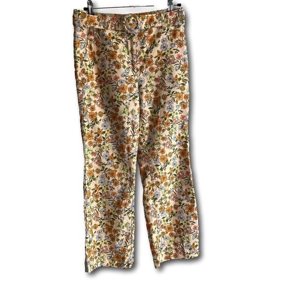 Loft Pants - Loft Petite Sutton Kick Crop Pants Beige Orange Yellow Floral Woman’s 2P Belt